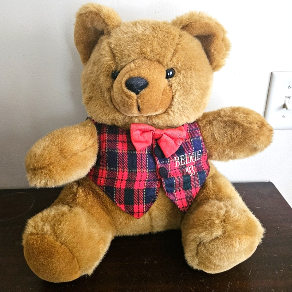 1993 Belkie Bear Brown Teddy Bear Plaid Vest Stuffed Animal Plush Belk 14"